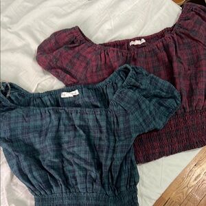 Plaid Off-Shoulder Tops - Red and Green